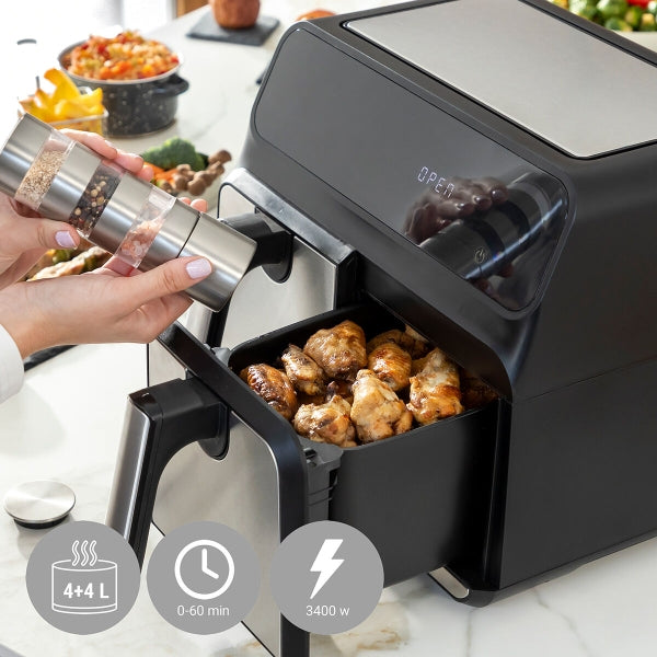 AIRFRYER kahdella korilla INNOVAGOODS FRYINN DOUBLE 8000 MUSTA 3400 W 8 L RUOSTUMATON TERÄS